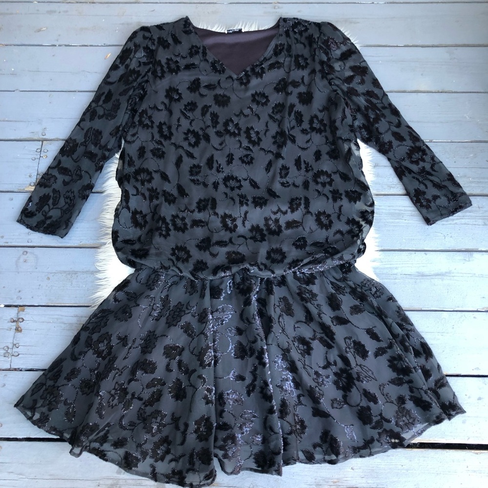 Vintage Raquel Samtex Jacquard Black Floral Long Sleeves Short Dress Tunic 4XL
